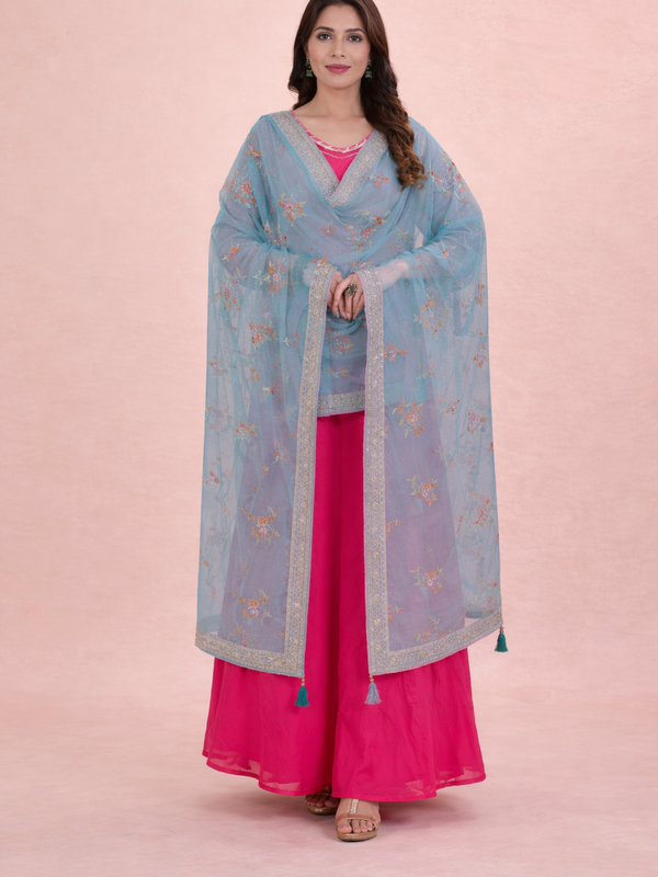 Women’s Sky Blue Floral Embroidered Net Dupatta with Heavy Border & Tassels