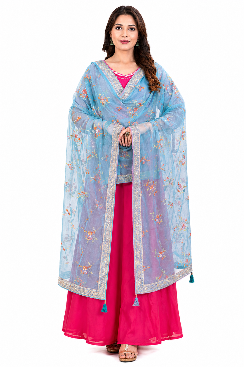 Women’s Sky Blue Floral Embroidered Net Dupatta with Heavy Border & Tassels DB2245