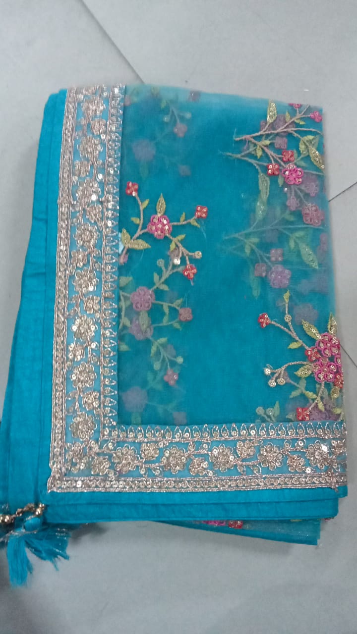 Women’s Sky Blue Floral Embroidered Net Dupatta with Heavy Border & Tassels DB2245