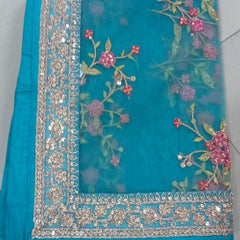 Women’s Sky Blue Floral Embroidered Net Dupatta with Heavy Border & Tassels DB2245