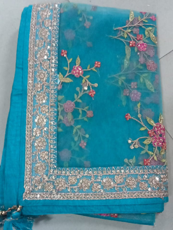 Women’s Sky Blue Floral Embroidered Net Dupatta with Heavy Border & Tassels DB2245