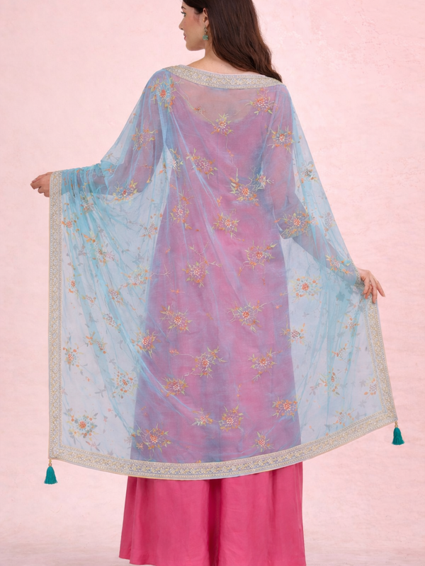 Women’s Sky Blue Floral Embroidered Net Dupatta with Heavy Border & Tassels