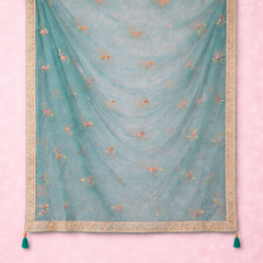 Women’s Sky Blue Floral Embroidered Net Dupatta with Heavy Border & Tassels