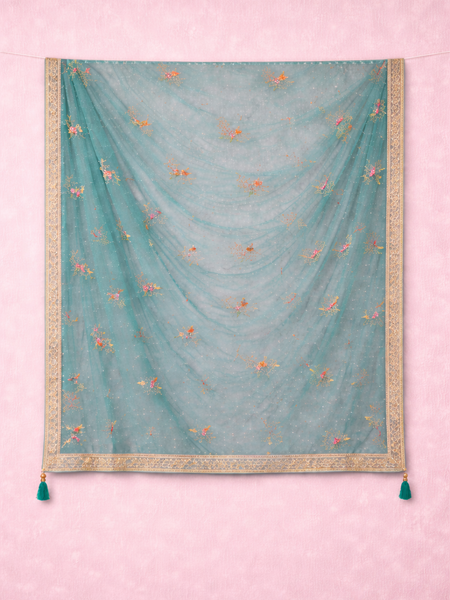 Women’s Sky Blue Floral Embroidered Net Dupatta with Heavy Border & Tassels
