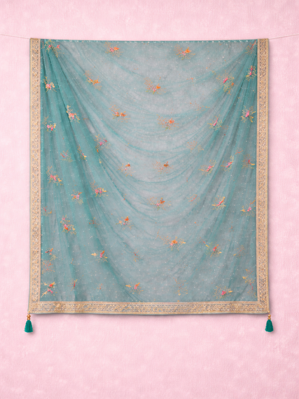 Women’s Sky Blue Floral Embroidered Net Dupatta with Heavy Border & Tassels