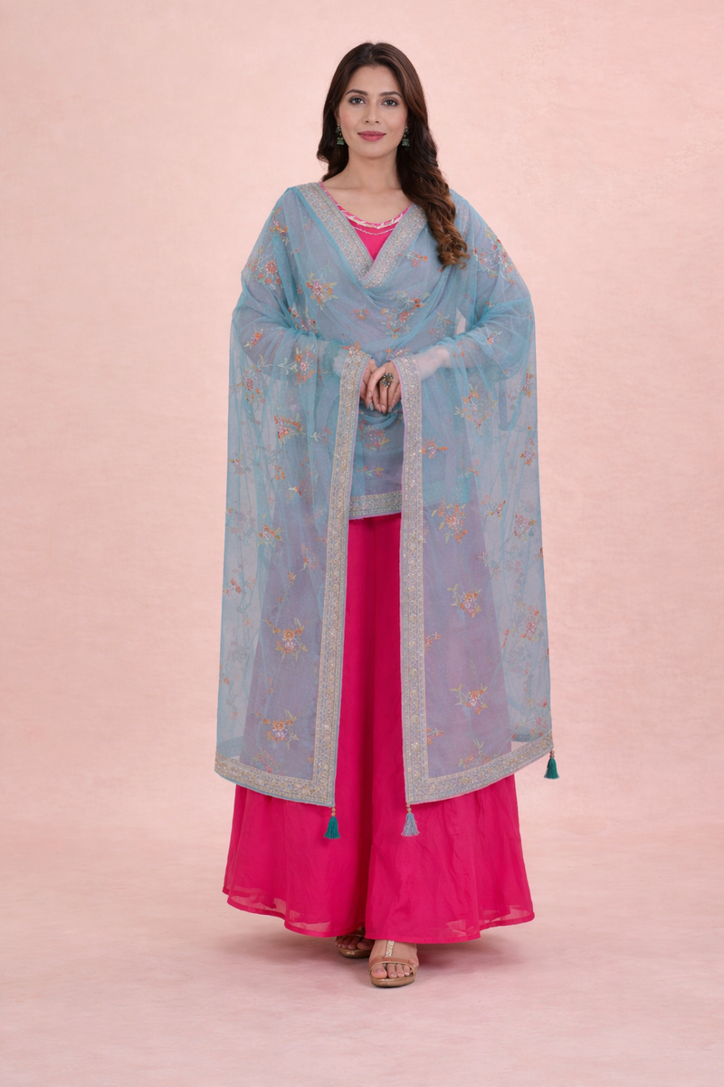Women’s Sky Blue Floral Embroidered Net Dupatta with Heavy Border & Tassels DB2245