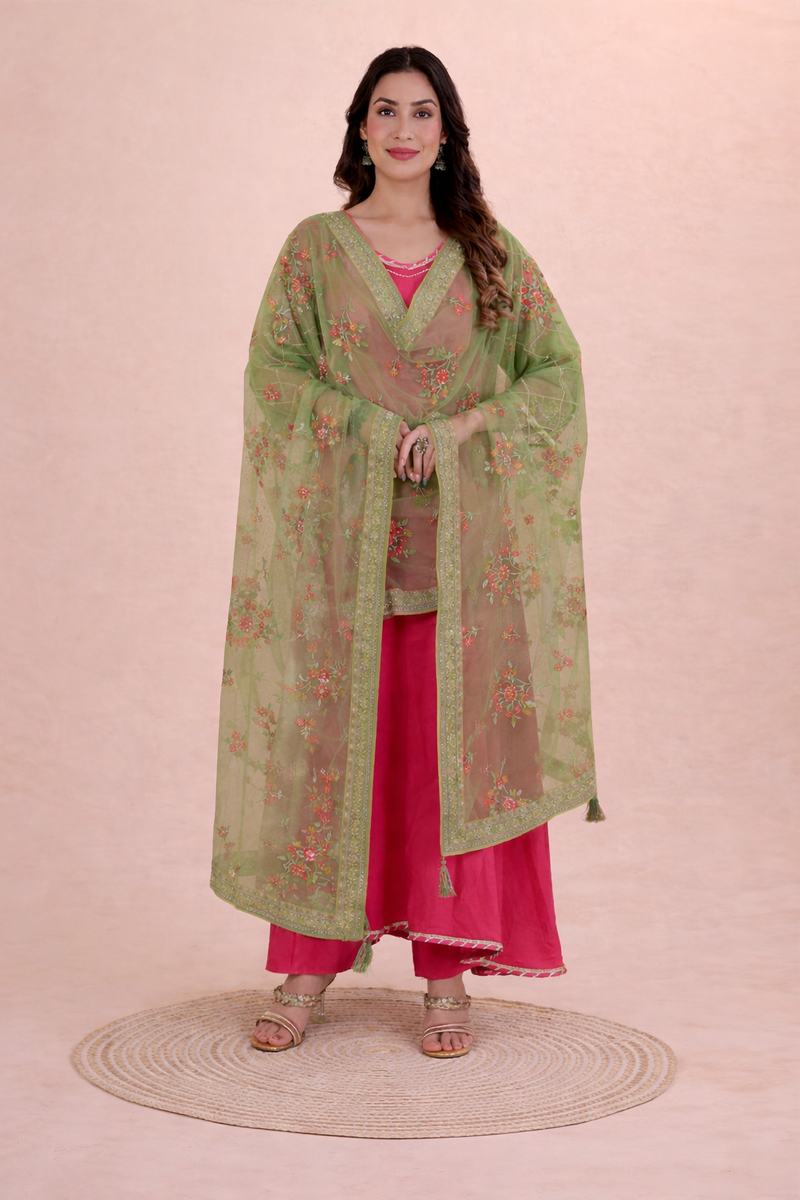 Desi Butik's Elegant Olive Green Embroidered Net Dupatta with Zari Border