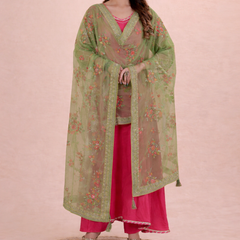 Desi Butik's Elegant Olive Green Embroidered Net Dupatta with Zari Border