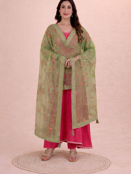 Desi Butik's Elegant Olive Green Embroidered Net Dupatta with Zari Border
