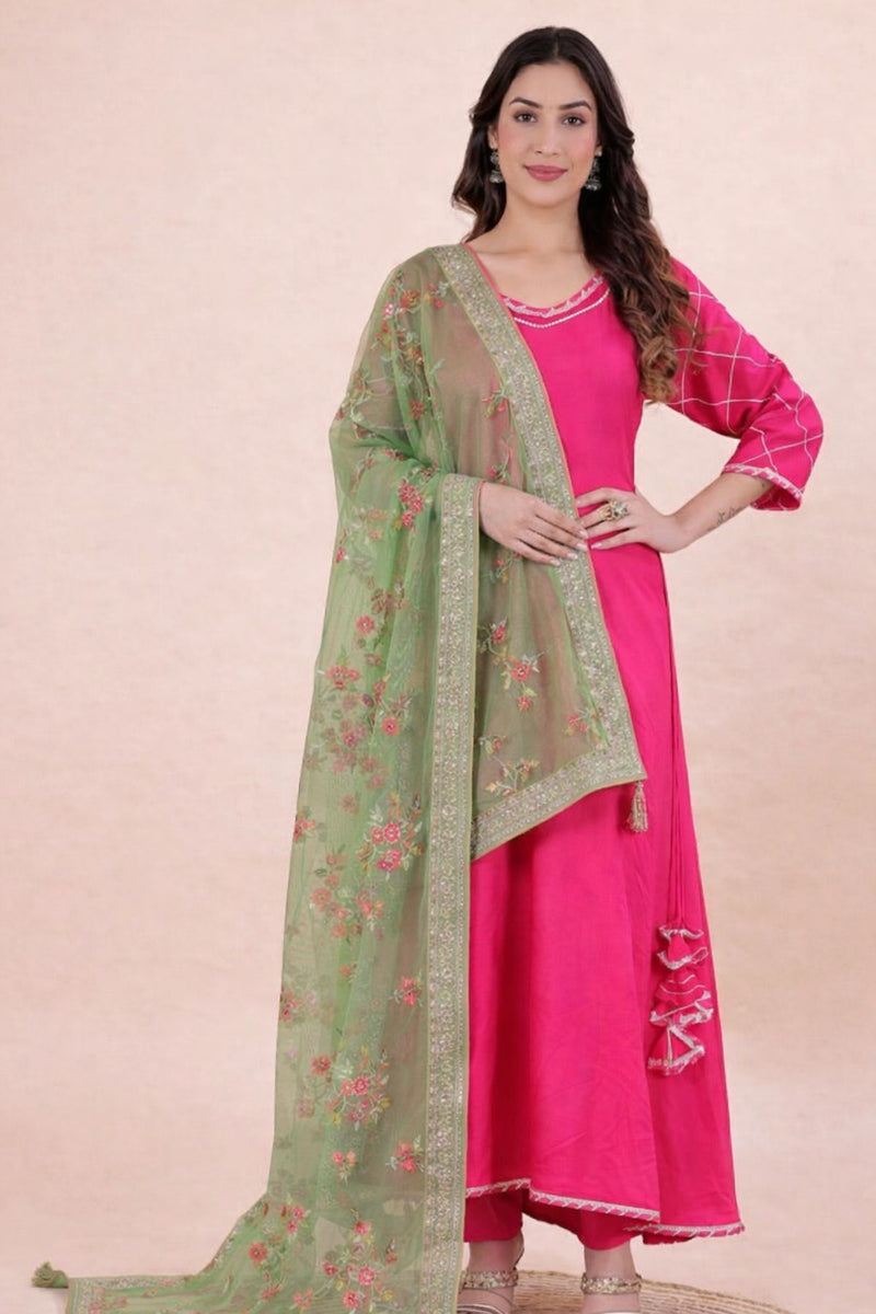 Desi Butik's Elegant Olive Green Embroidered Net Dupatta with Zari Border