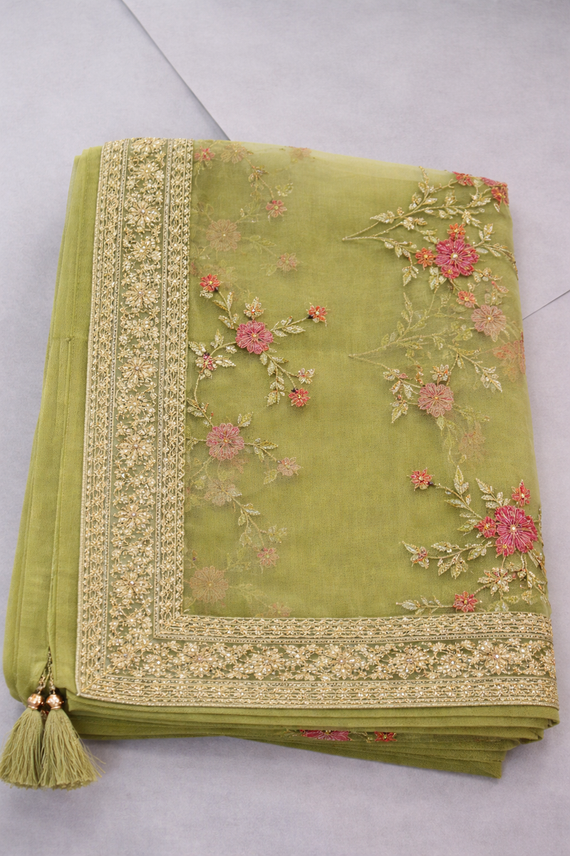 Desi Butik's Elegant Olive Green Embroidered Net Dupatta with Zari Border