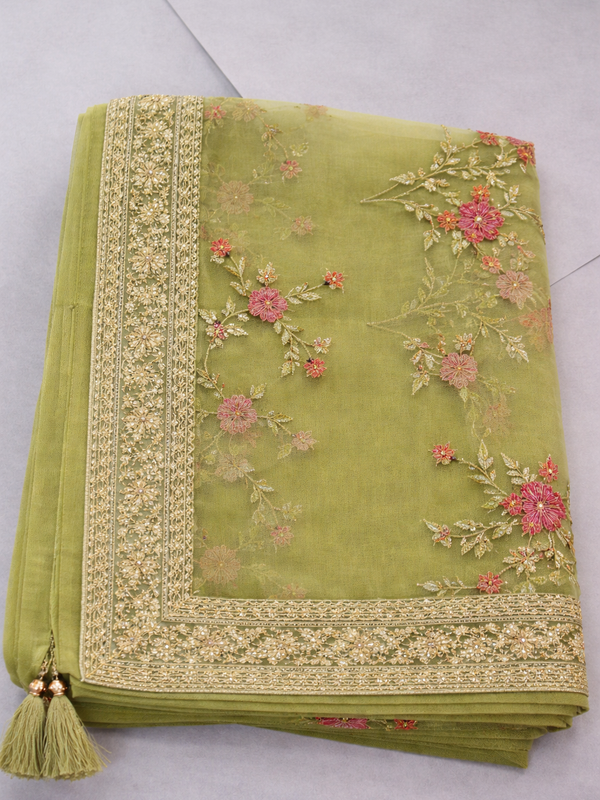 Desi Butik's Elegant Olive Green Embroidered Net Dupatta with Zari Border