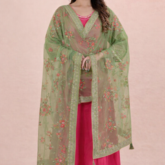 Desi Butik's Elegant Olive Green Embroidered Net Dupatta with Zari Border DB2246