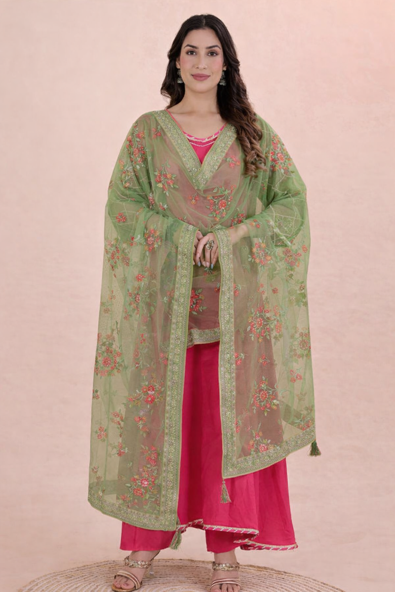 Desi Butik's Elegant Olive Green Embroidered Net Dupatta with Zari Border