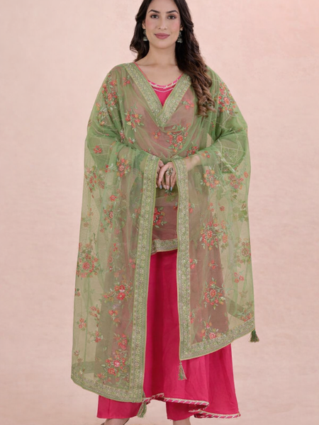Desi Butik's Elegant Olive Green Embroidered Net Dupatta with Zari Border