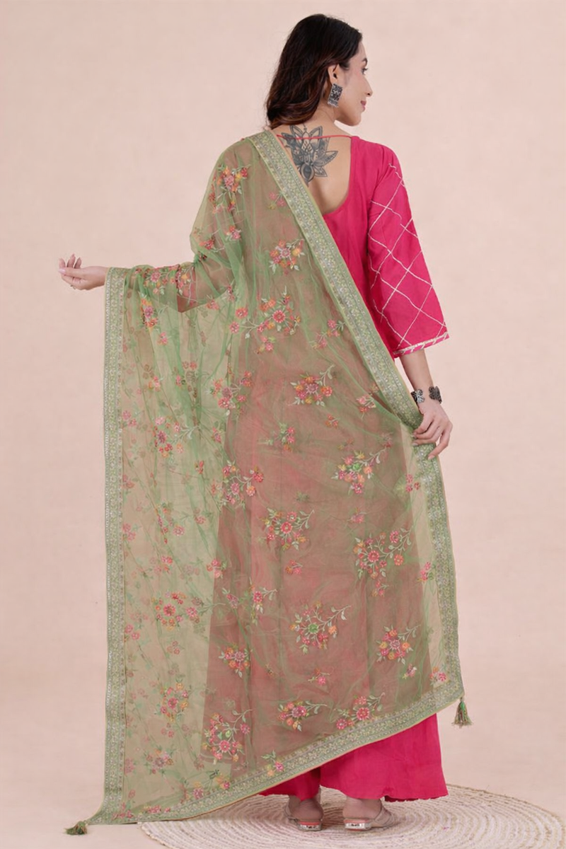 Desi Butik's Elegant Olive Green Embroidered Net Dupatta with Zari Border