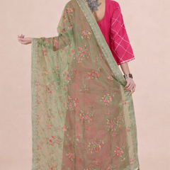 Desi Butik's Elegant Olive Green Embroidered Net Dupatta with Zari Border
