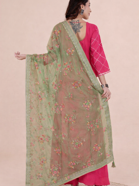 Desi Butik's Elegant Olive Green Embroidered Net Dupatta with Zari Border