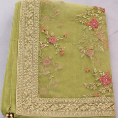 Desi Butik's Elegant Olive Green Embroidered Net Dupatta with Zari Border DB2246