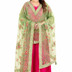 Desi Butik's Elegant Olive Green Embroidered Net Dupatta with Zari Border DB2246