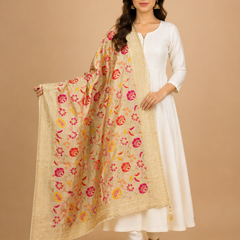 Desi Butik's  Cream Floral Woven Banarasi Dupatta