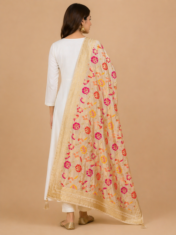 Desi Butik's  Cream Floral Woven Banarasi Dupatta