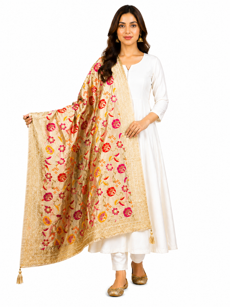 Desi Butik's  Cream Floral Woven Banarasi Dupatta DB2247