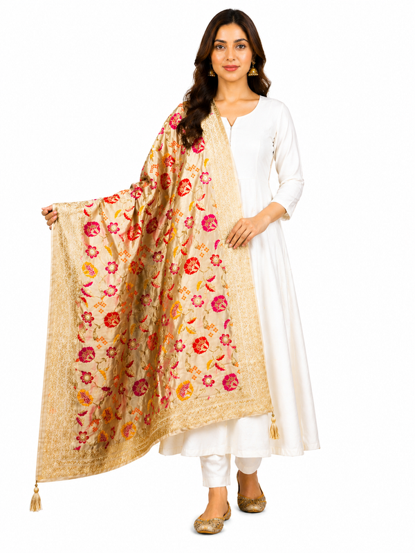Desi Butik's  Cream Floral Woven Banarasi Dupatta DB2247