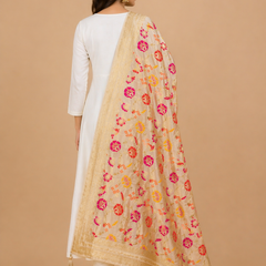 Desi Butik's  Cream Floral Woven Banarasi Dupatta DB2247