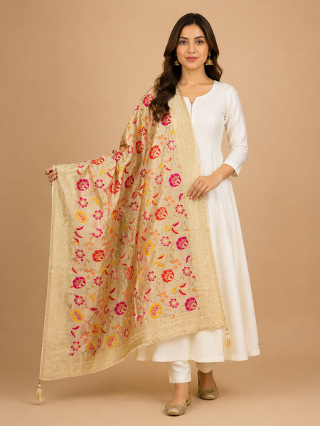 Desi Butik's  Cream Floral Woven Banarasi Dupatta DB2247