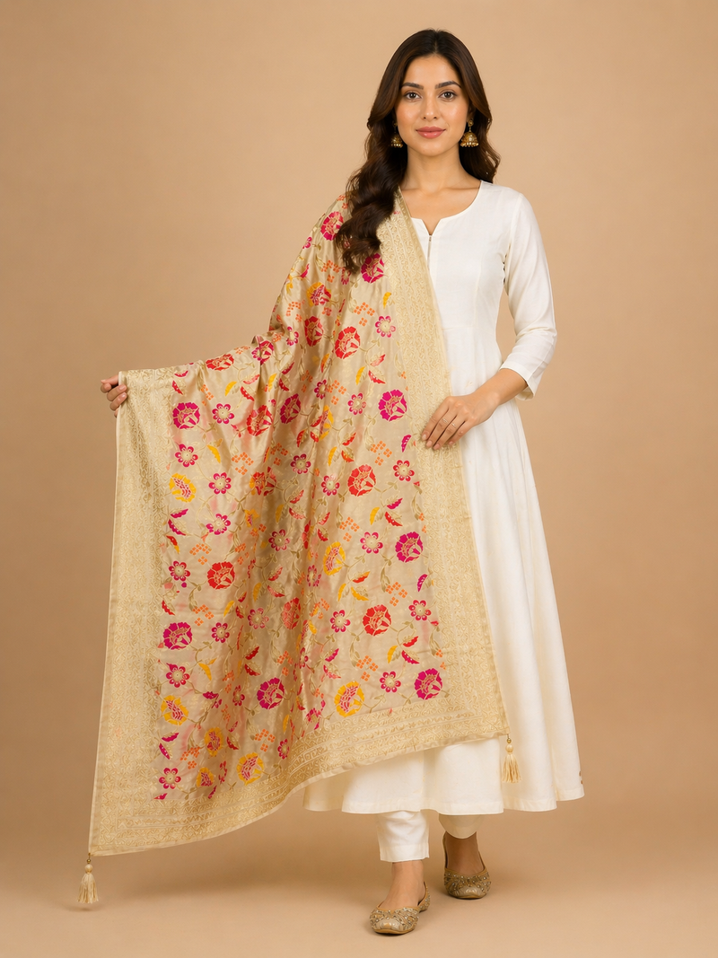 Desi Butik's  Cream Floral Woven Banarasi Dupatta