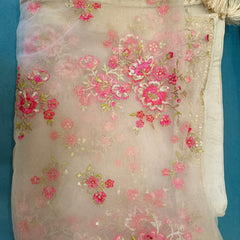 Desi Butik's  Beige Embroidered Net Dupatta with Golden Border & Tassels