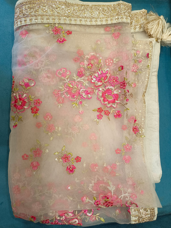 Desi Butik's  Beige Embroidered Net Dupatta with Golden Border & Tassels