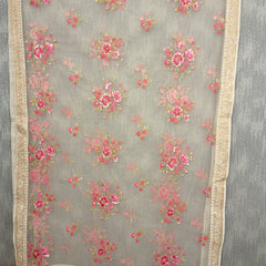 Desi Butik's  Beige Embroidered Net Dupatta with Golden Border & Tassels DB2248