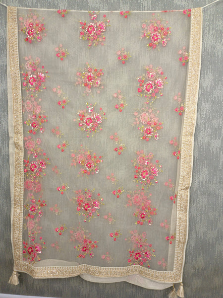 Desi Butik's  Beige Embroidered Net Dupatta with Golden Border & Tassels DB2248