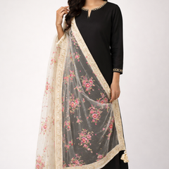 Desi Butik's  Beige Embroidered Net Dupatta with Golden Border & Tassels
