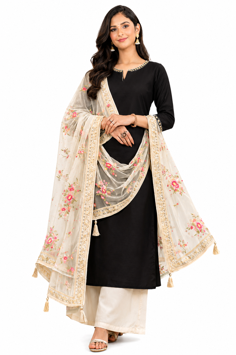 Desi Butik's  Beige Embroidered Net Dupatta with Golden Border & Tassels DB2248
