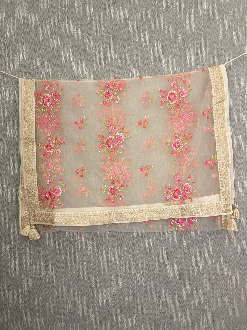 Desi Butik's  Beige Embroidered Net Dupatta with Golden Border & Tassels DB2248