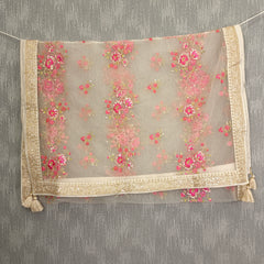 Desi Butik's  Beige Embroidered Net Dupatta with Golden Border & Tassels DB2248