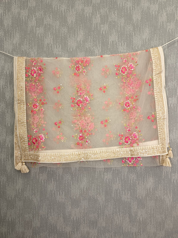 Desi Butik's  Beige Embroidered Net Dupatta with Golden Border & Tassels DB2248