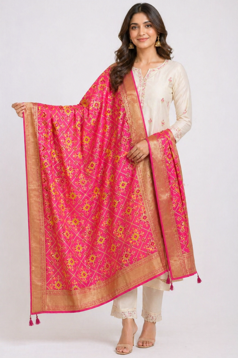 Desi Butik's Royal Pink Banarasi Silk dupata with Golden Zari Motifs DB2254