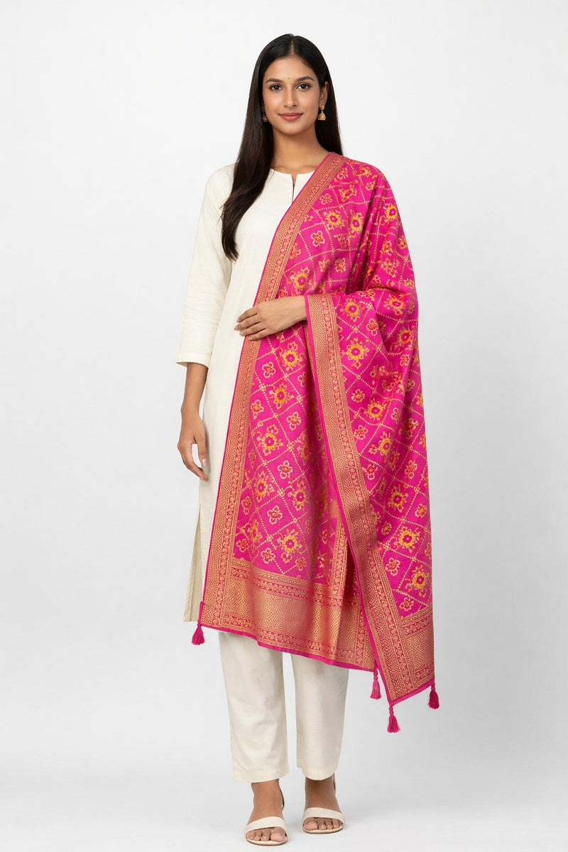 Desi Butik's Royal Pink Banarasi Silk dupata with Golden Zari Motifs DB2254