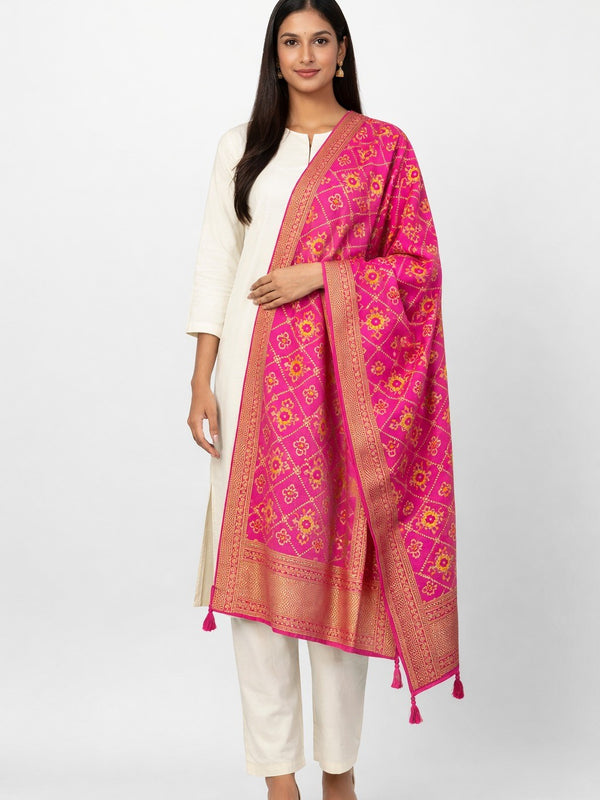 Desi Butik's Royal Pink Banarasi Silk dupata with Golden Zari Motifs DB2254