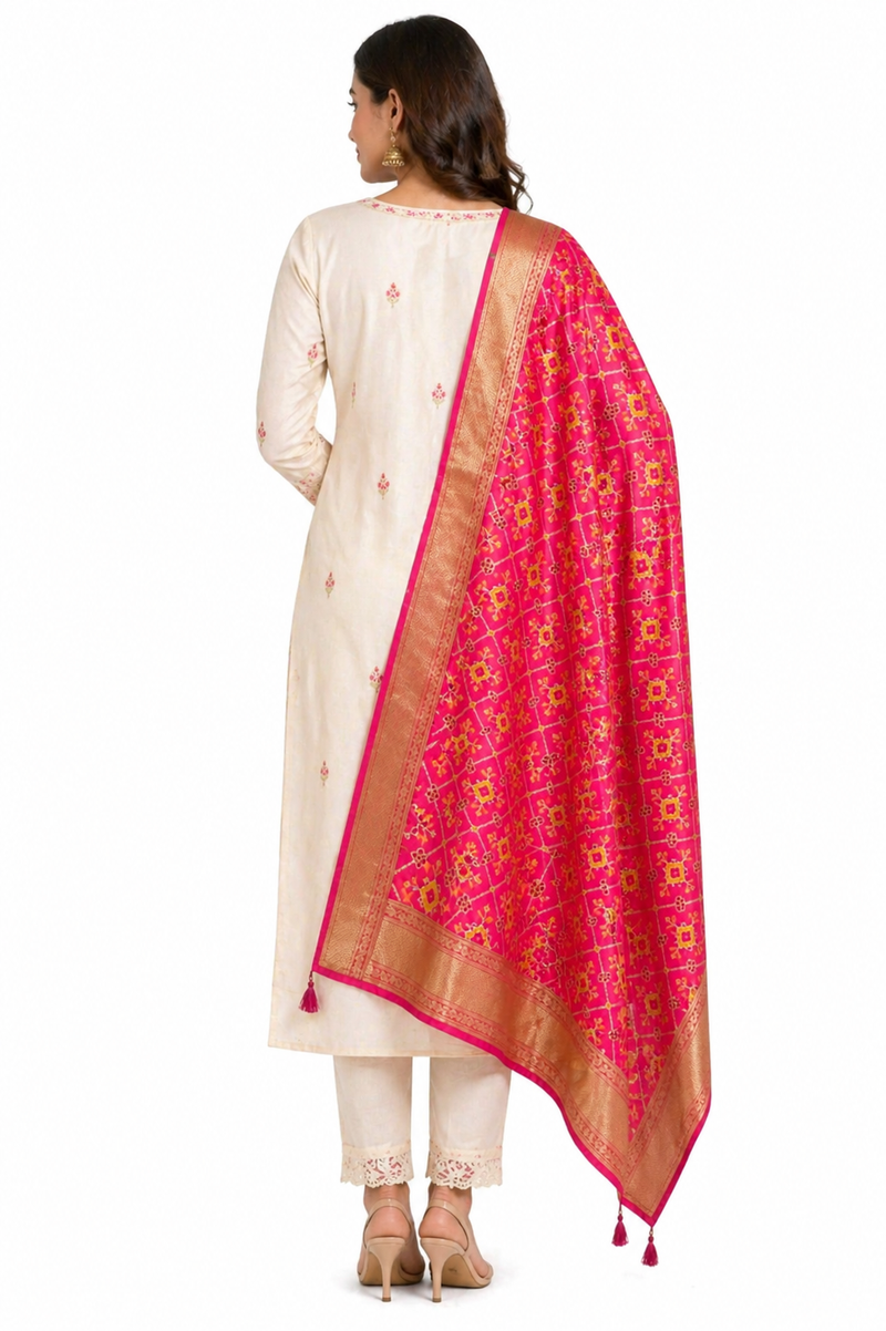 Desi Butik's Royal Pink Banarasi Silk dupata with Golden Zari Motifs DB2254