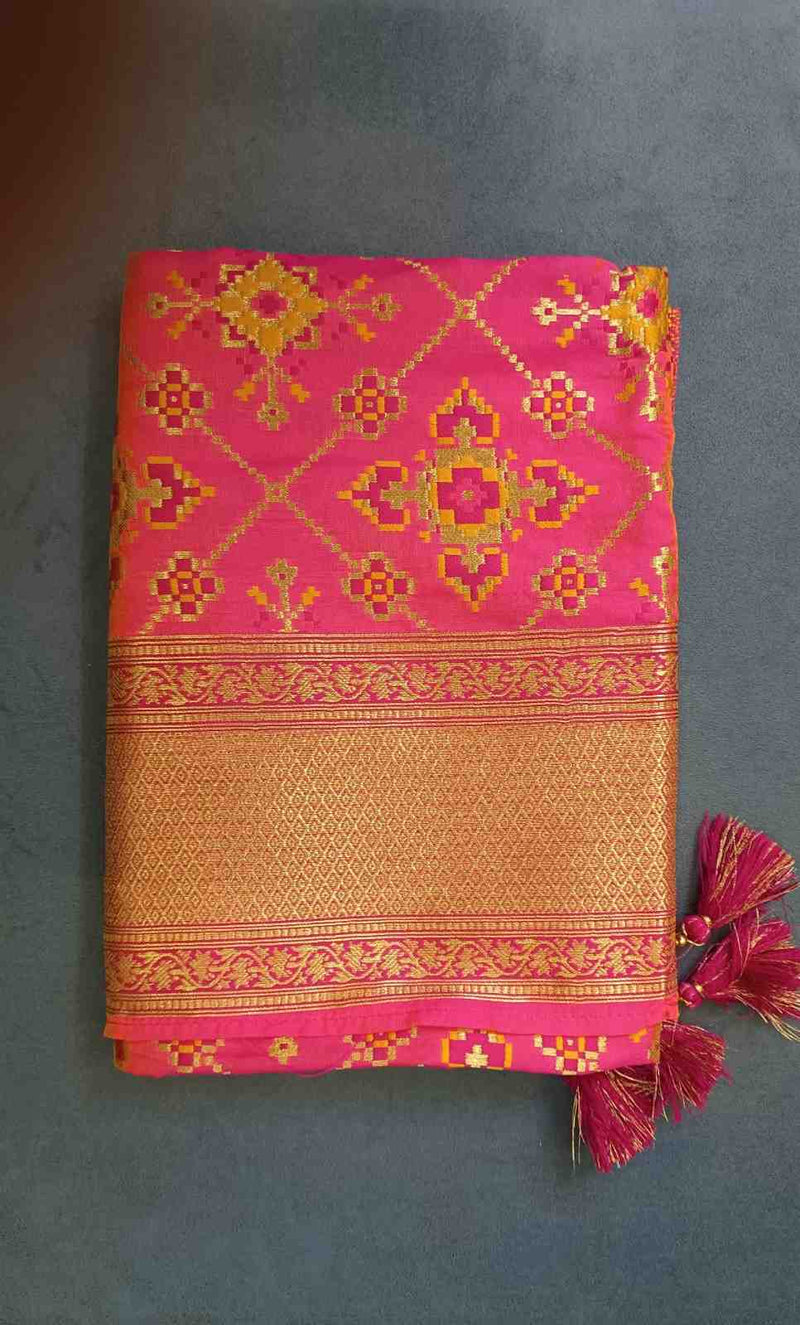 Desi Butik's Royal Pink Banarasi Silk dupata with Golden Zari Motifs DB2254