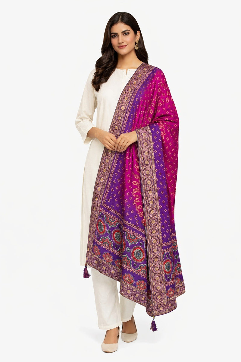 Desi Butik Rani Pink Bandhani Silk Dupatta with Royal Border DB2255