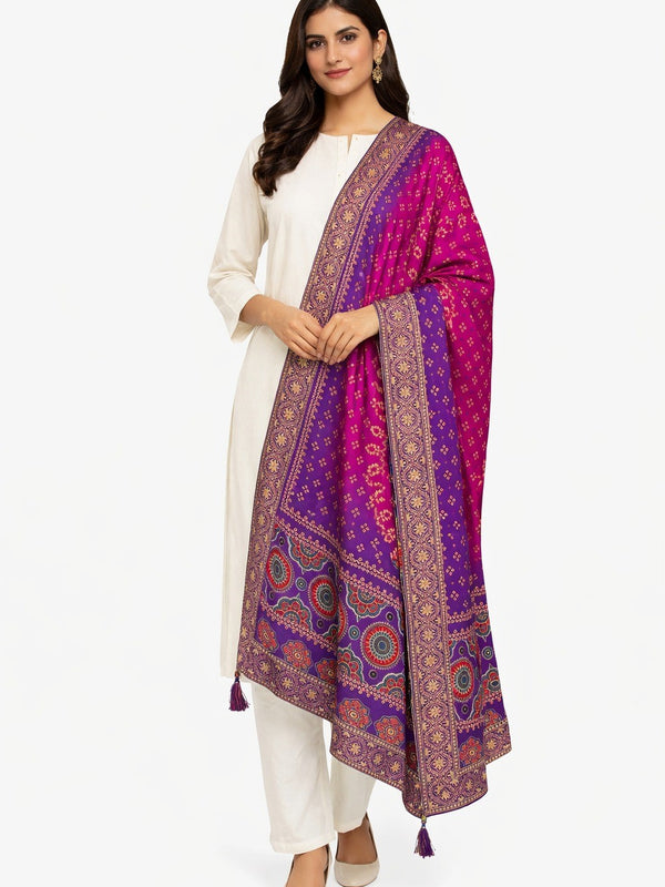 Desi Butik Rani Pink Bandhani Silk Dupatta with Royal Border DB2255