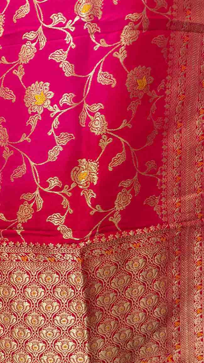 Desi Butik Rani Pink Banarasi Silk Dupatta with Floral Jaal DB2256