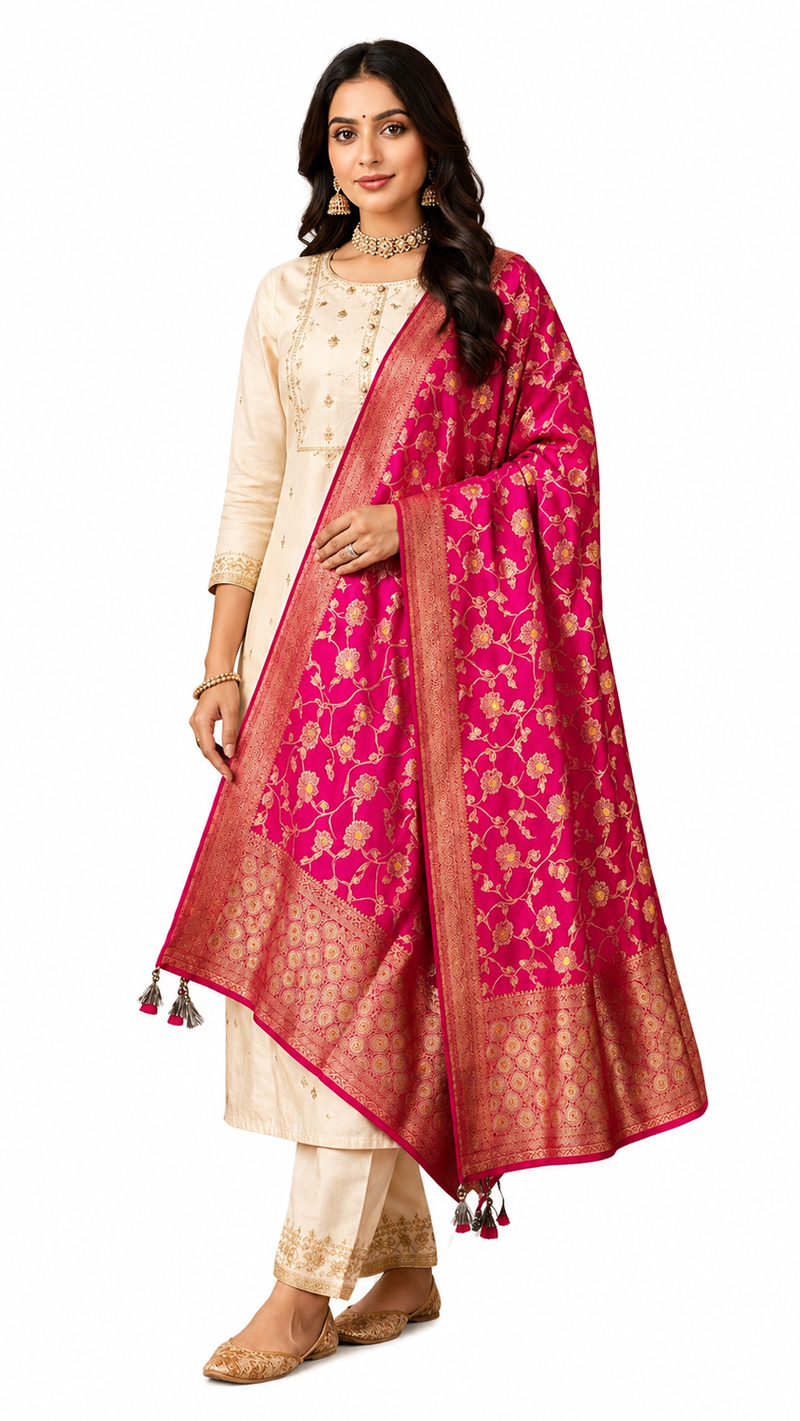 Desi Butik Rani Pink Banarasi Silk Dupatta with Floral Jaal DB2256