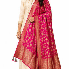 Desi Butik Rani Pink Banarasi Silk Dupatta with Floral Jaal DB2256